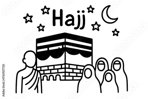 Hajj Pilgrimage Doodle. Doodle hajj pilgrimage with kaaba, stars, and pilgrims, center word “Hajj” in black and white isolated