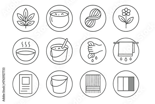 Natural Dyeing Icons. Line style round icons of natural dyeing: indigo leaf, dye vat, fiber, plant pigment; soak, stir, squeeze,