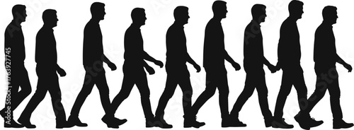 Silhouettes of man walking in motion sequence, side profile, flat vector, isolated, cad drawing