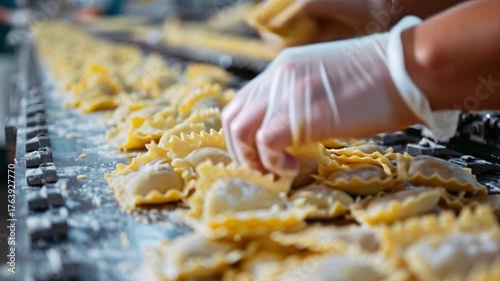 Wallpaper Mural In a bustling factory, workers are busy preparing fresh pasta. The conveyor belt is filled with ravioli ready for packaging. Flour dusts the surface as the production continues Torontodigital.ca