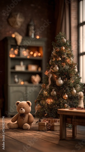 Cozy Christmas Scene With a Decorated Tree and Teddy Bear in a Warm, Festive ...