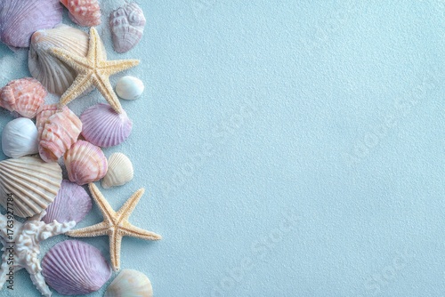 Colorful Seashells and Starfish Arranged on a Light Blue Background for Marin...