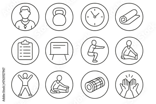 Fitness Class Icons. Line style round icons of fitness class: coach, kettlebell, clock, mat; class list, instruction board, demo