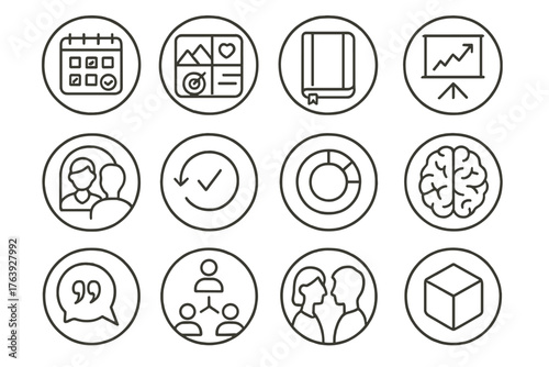 Personal Growth Icons. Line style round icons of personal development: habit tracker, vision board, journal, upward graph;