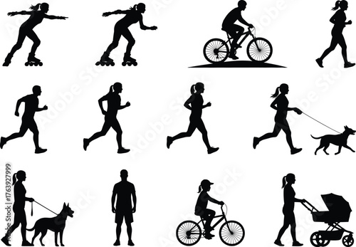 Silhouettes of people doing outdoor activities, jogging, biking, roller skating, dog walking, flat vector, isolated