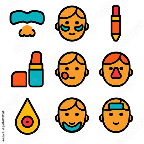 Facial Care Icons. Flat vector icons of targeted facial care: T-zone strip, under-eye patches, blemish treatment pen, lip