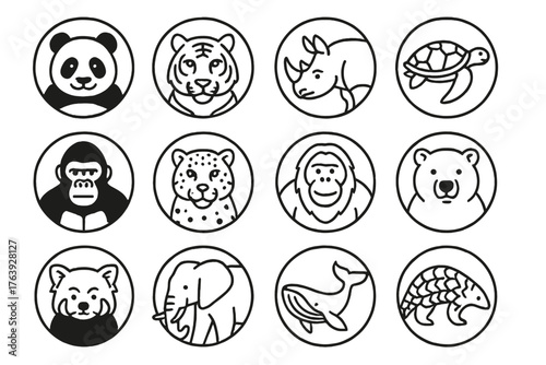 Endangered Species Icons. Line style round icons of endangered species: panda, tiger, rhino, sea turtle; gorilla, snow leopard,