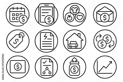 Budgeting Basics Icons. Line style round icons of budgeting basics: calendar with dollar, expense tracker, category icon, envelope