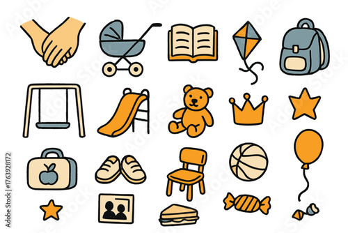 Parent-Child Doodle Icons. Parent-child doodle icon set: hand drawn icons of hand in hand, stroller, book, toy, swing, slide, kite