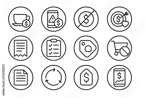 Financial Habits Icons. Line style round icons of money habits: coffee cup with coin, spending alert, “no spend” icon, wishlist