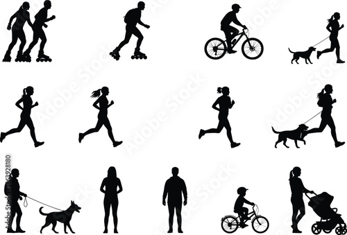 Silhouettes of people doing outdoor activities, jogging, biking, rollerblading, dog walking, flat vector, isolated