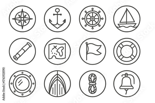 Nautical Elements Icons. Line style round icons of nautical elements: compass, anchor, wheel, sail; telescope, map, flag, lifebuoy