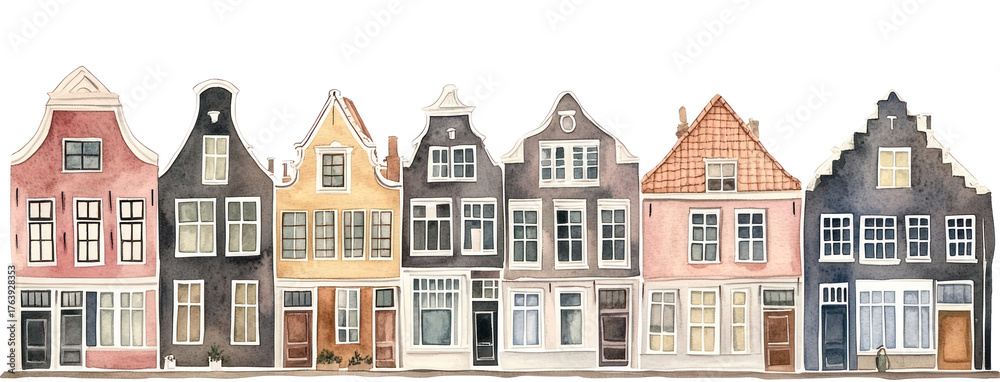 Fototapeta premium PNG Dutch townhouses architecture illustration watercolor.