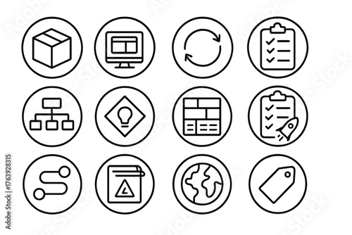 Startup Essentials Icons. Line style round icons of startup essentials: product box, prototype icon, test loop, survey form;