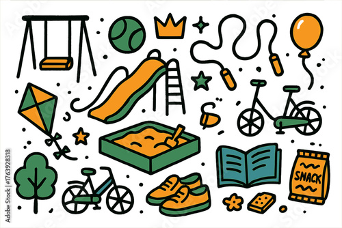 Playground Doodle Icons. Playground doodle icon set: hand drawn icons of swing, slide, ball, skipping rope, crown, star, balloon,