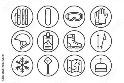 Winter Sports Icons. Line style round icons of winter sports: skis, snowboard, goggles, gloves; helmet, lift pass, snow boots,