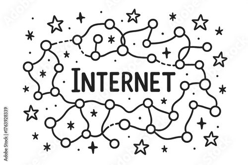 Doodle Internet Design. Doodle internet with stars, nodes, and cables, center word “Internet” in black and white isolated