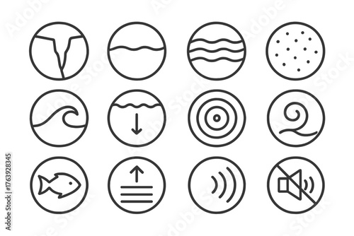 Deep Ocean Icons. Line style round icons of deep ocean: trench, abyss, dark water, bioluminescent dot; wave top, deep line, sonar