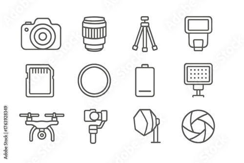 Photography Gear Icons. Line style round icons of photography gear: DSLR camera, lens, tripod, flash; memory card, filter, battery