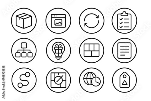 Startup Essentials Icons. Line style round icons of startup essentials: product box, prototype icon, test loop, survey form;