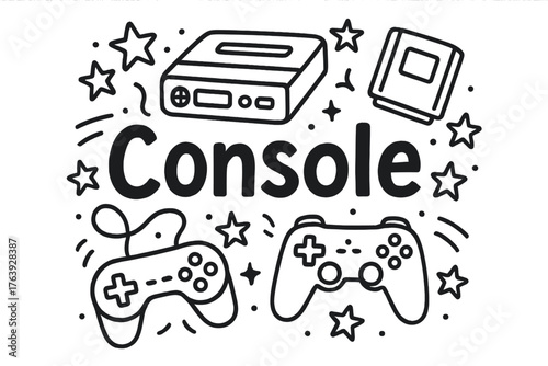 Console Doodle Art. Doodle console with stars, controllers, and games, center word “Console” in black and white isolated