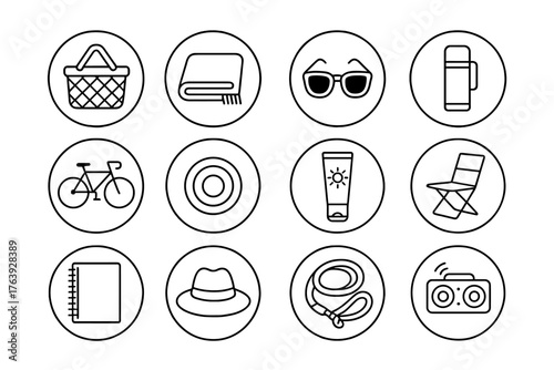 Park Essentials Icons. Line style round icons of park essentials: picnic basket, blanket, sunglasses, thermos; bike, frisbee,