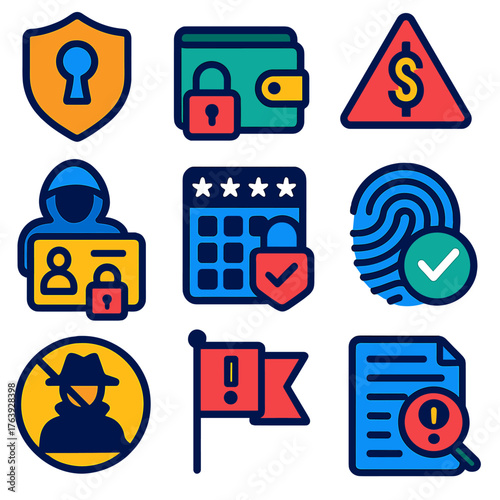 Fraud Security Icons. Flat vector icons of fraud and financial security: shield with keyhole icon, locked wallet symbol, warning