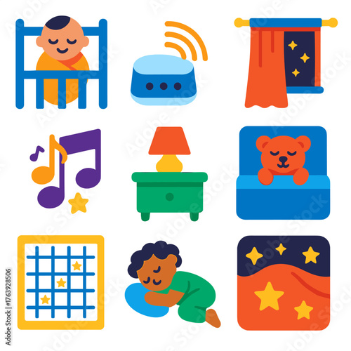 Sleep Routine Icons. Flat vector icons of sleep and nap routines: baby in crib icon, white noise machine, blackout curtain icon,