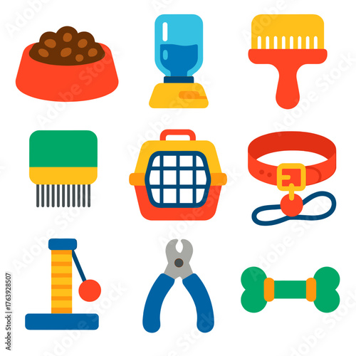 Pet Care Essentials. Flat vector icons of pet care equipment: pet food bowl, water dispenser, grooming brush, flea comb, pet