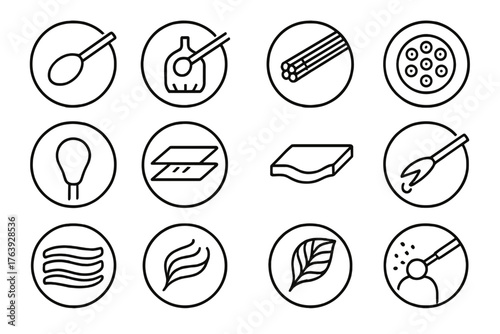 Glass Art Techniques. Line style round icons of traditional techniques: freeblowing, mold blowing, cane work, millefiori; encasing