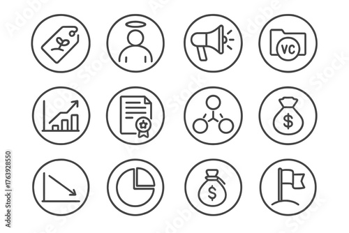 Startup Funding Icons. Line style round icons of startup funding stages: seed tag, angel investor, pitch icon, funding graph; term