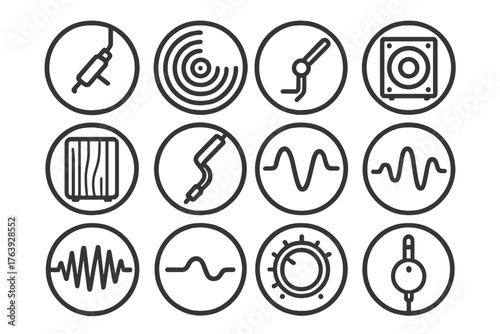 Analog Sound Elements Icons. Line style round icons of analog sound: needle, groove, speaker cone, coil; wood cabinet, metal arm,