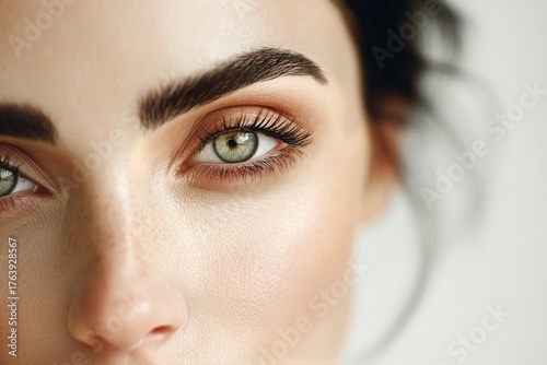 Close-up of a Persons Striking Green Eyes and Well-Defined Features in Natura...
