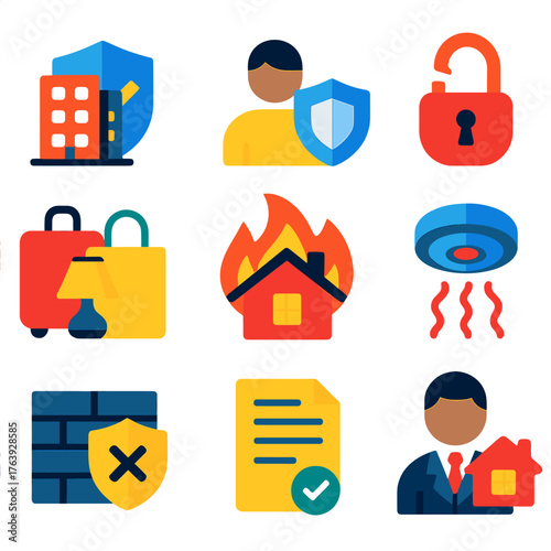 Bold Insurance Icons. Flat vector icons of property and renters insurance: apartment shield icon, tenant liability protection,