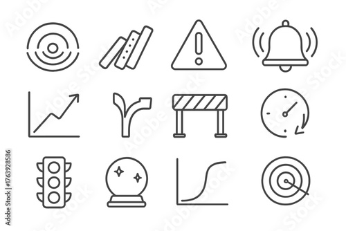 Consequences Icon Set. Line style round icons of consequences: ripple wave, domino tile, warning sign, alert icon; result chart,