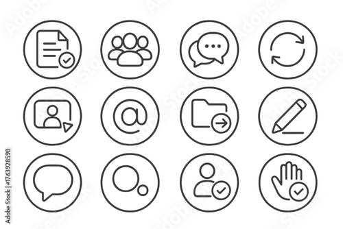 Collaboration Tool Icons. Line style round icons of collaboration tools: shared document, group avatar, chat bubble, sync icon;