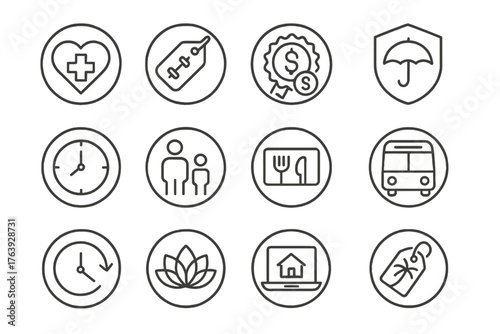 Employee Benefits Icons. Line style round icons of employee benefits: medical plan, gym tag, retirement badge, insurance shield;