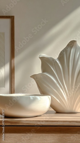 Ceramic Bowl and Decorative Object on a Minimalist Shelf in Soft Sunlight