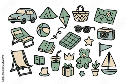 Family Holiday Icons. Family holiday doodle icon set: hand drawn icons of car, suitcase, tent, picnic basket, map, ball, kite,
