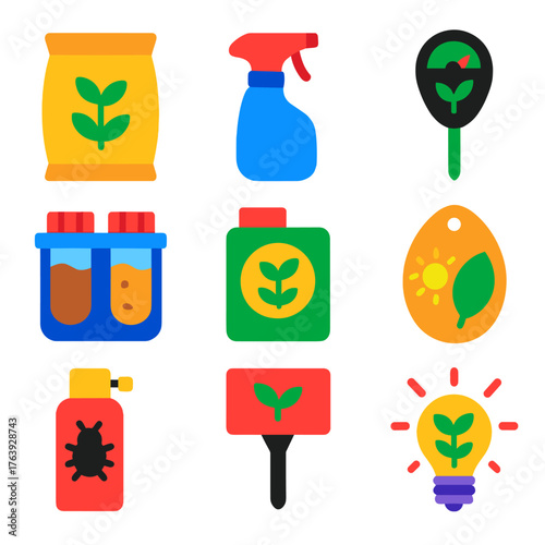 Plant Care Icons. Flat vector icons of plant care items: fertilizer bag, spray bottle icon, moisture meter, soil test kit, plant