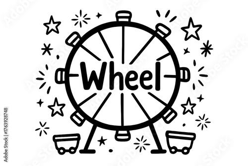 Doodle Wheel Design. Doodle wheel with stars, sparks, and carts, center word “Wheel” in black and white isolated transparent