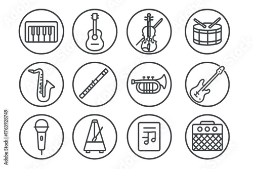 Musical Instrument Icons. Line style round icons of musical instruments: keyboard, guitar, violin, drum; saxophone, flute, trumpet