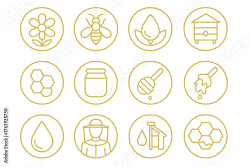 Honey Production Icons. Line style round icons of honey production: flower, bee, nectar, hive; comb, jar, honey dipper, wax;
