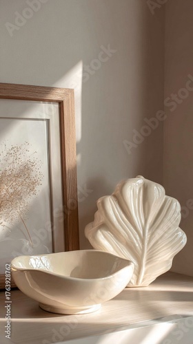 Soft Light Shines on Decorative Pottery With Dried Flowers in a Serene Interi...