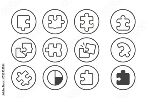Line Style Puzzle Icons. Line style round icons of puzzle pieces: corner piece, edge piece, center piece, unique shape; smooth tab