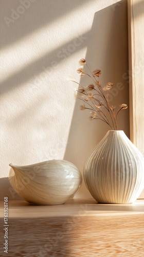 Soft Light Shines on Decorative Pottery With Dried Flowers in a Serene Interi...