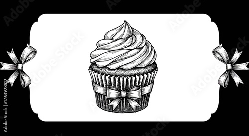 Black and white cupcake with ribbon design on decorative frame