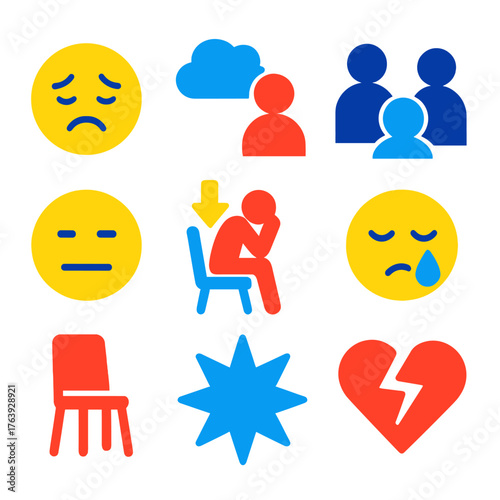 Emotional Discomfort Icons. Flat vector icons of emotional discomfort: sad face icon, isolation cloud, social withdrawal symbol,