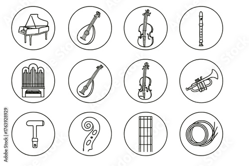 Baroque Instrument Icons. Line style round icons of baroque instruments: harpsichord, lute, viola da gamba, recorder; pipe organ,