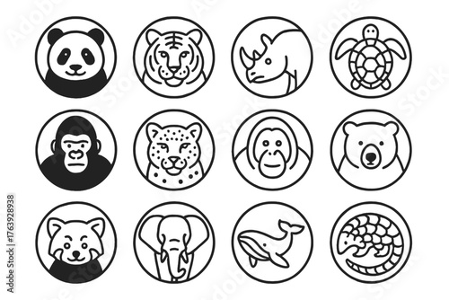 Endangered Species Icons. Line style round icons of endangered species: panda, tiger, rhino, sea turtle; gorilla, snow leopard,